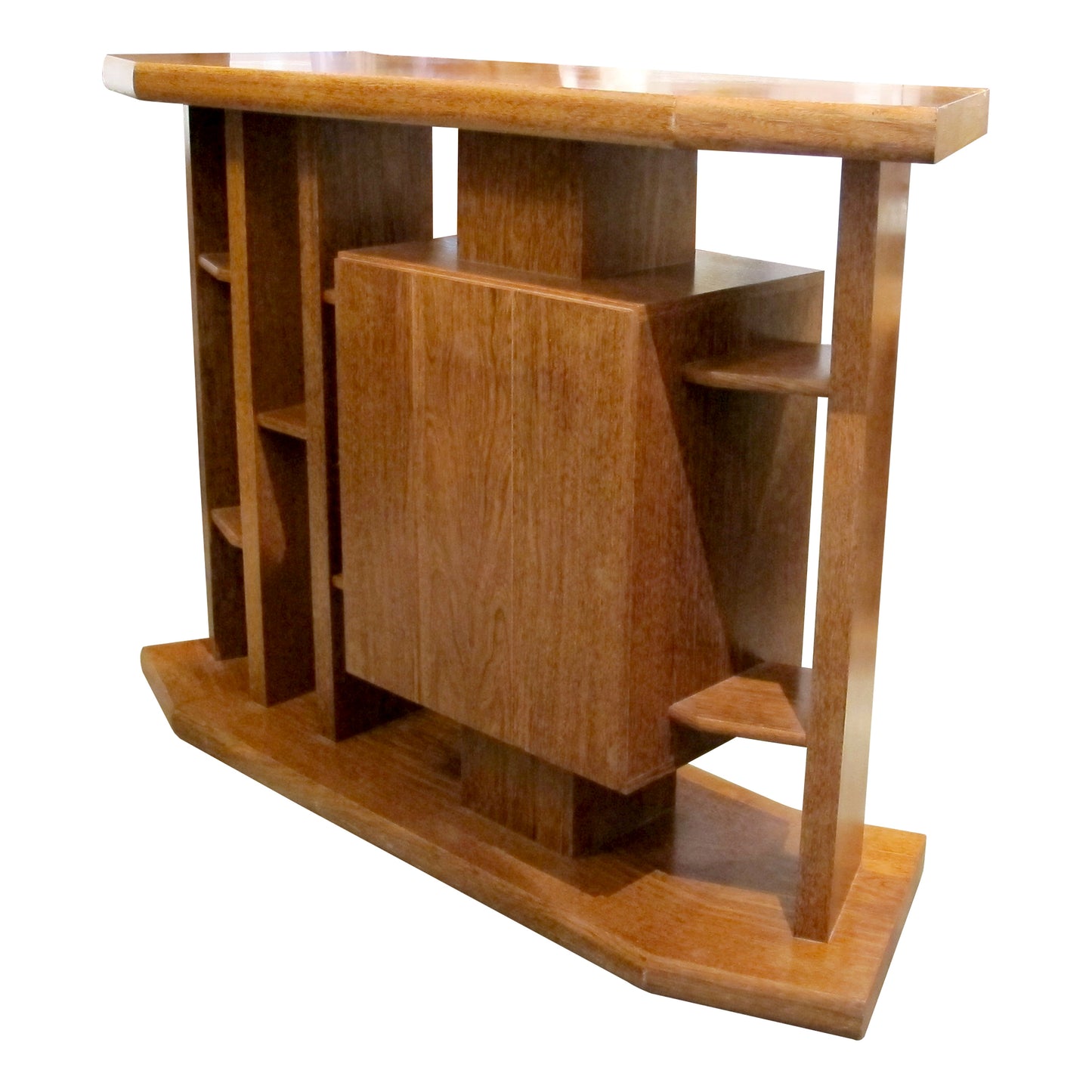 1960s Continental Oak Bar Unit with Shelving and Matching Stools