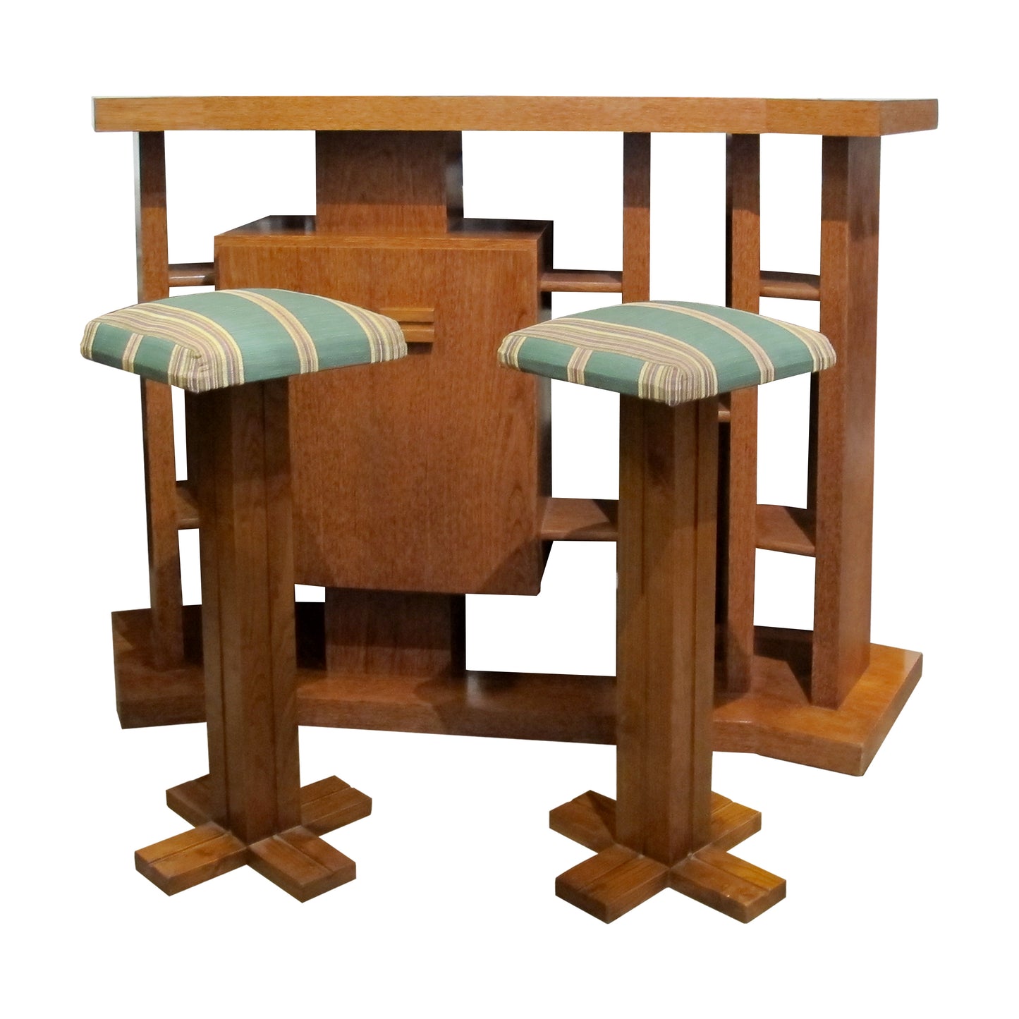 1960s Continental Oak Bar Unit with Shelving and Matching Stools