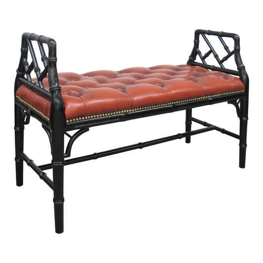 1950s English Red Leather Bench with Faux Bamboo Frame