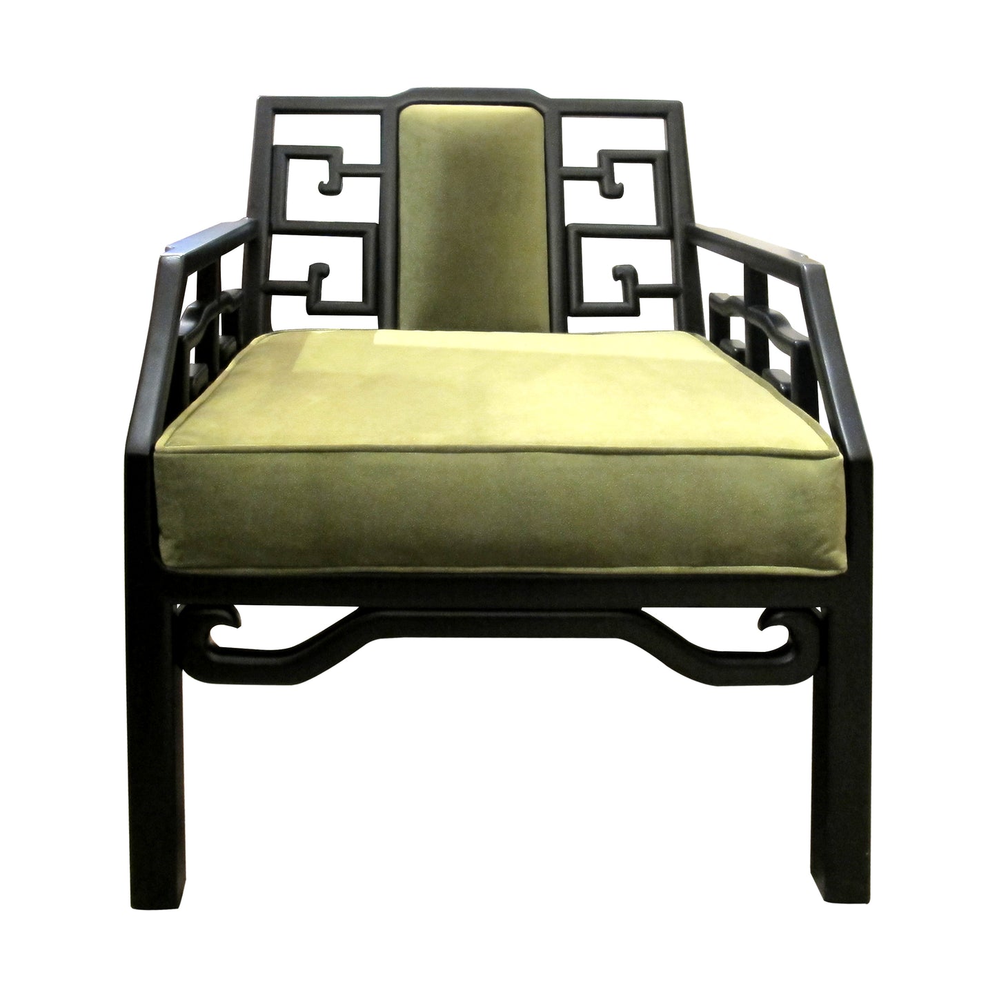Pair of Mid-Century Chinese Black Lacquer Armchairs with Geometric Fretwork