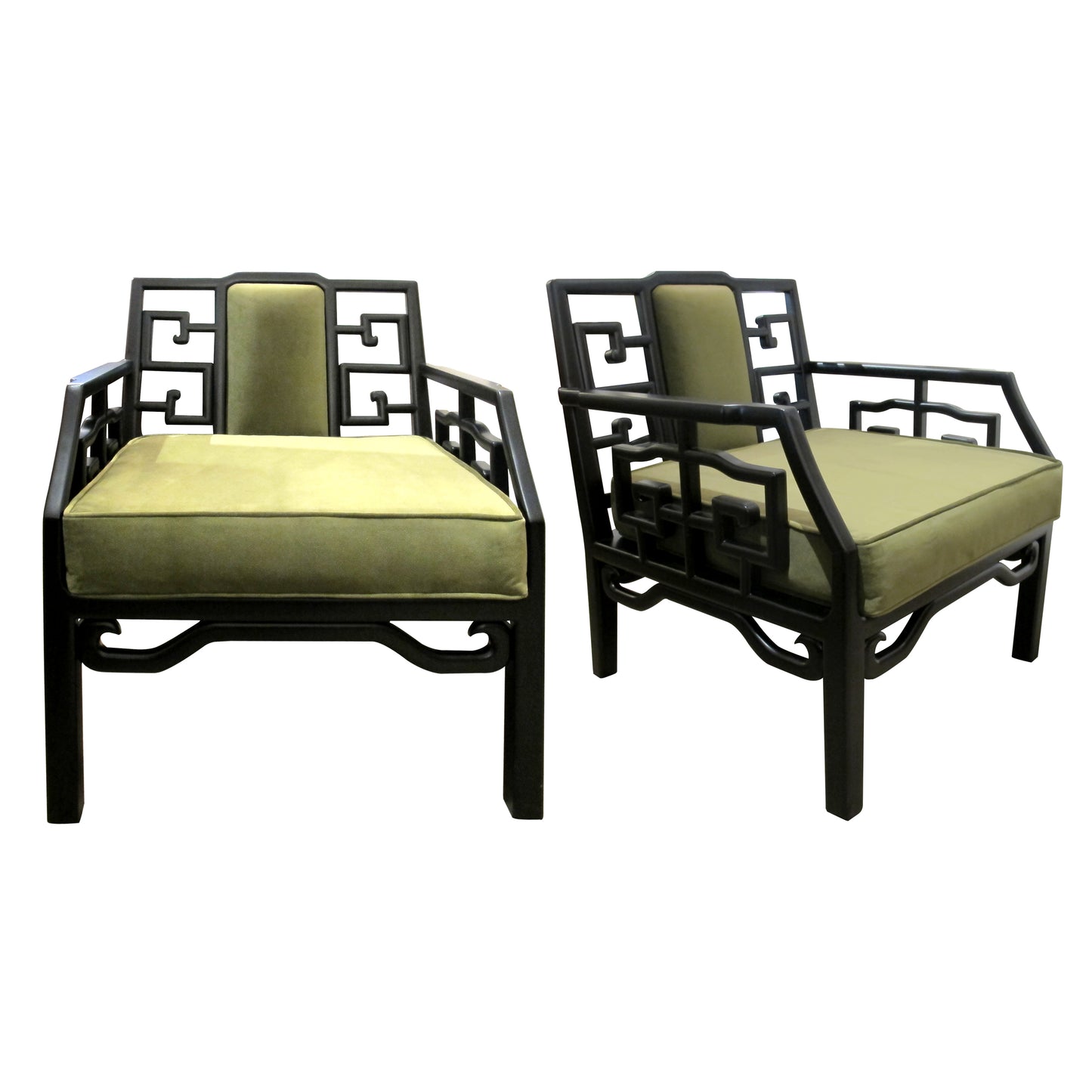 Pair of Mid-Century Chinese Black Lacquer Armchairs with Geometric Fretwork