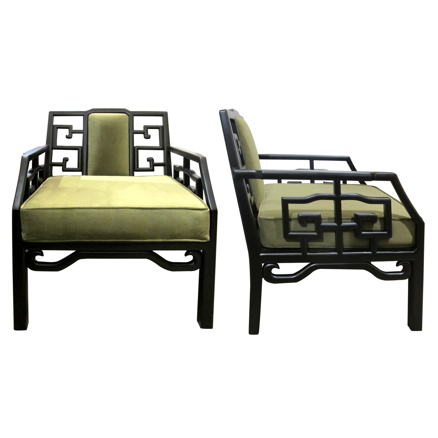 Pair of Mid-Century Chinese Black Lacquer Armchairs with Geometric Fretwork