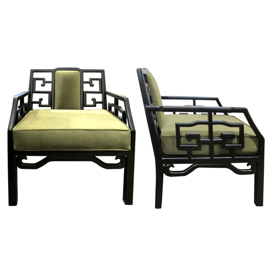 Pair of Mid-Century Chinese Black Lacquer Armchairs with Geometric Fretwork
