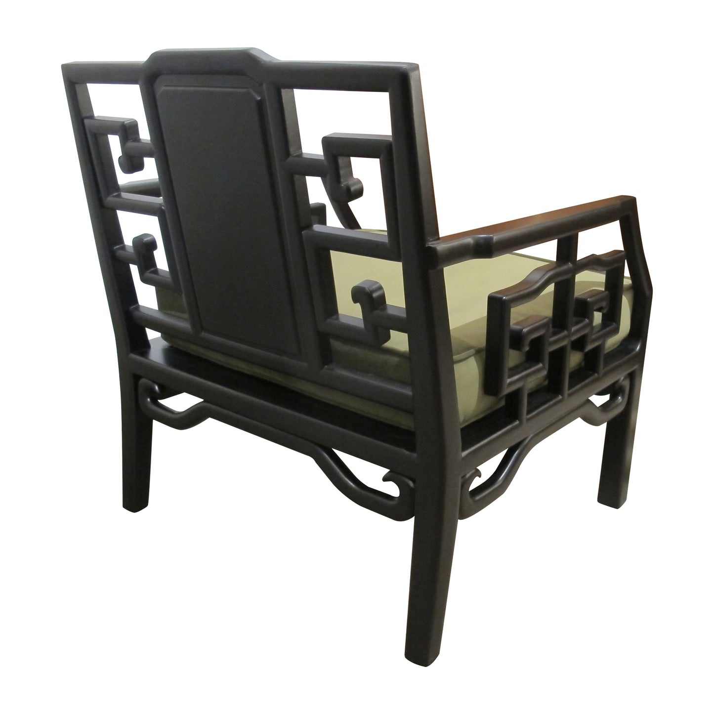 Pair of Mid-Century Chinese Black Lacquer Armchairs with Geometric Fretwork