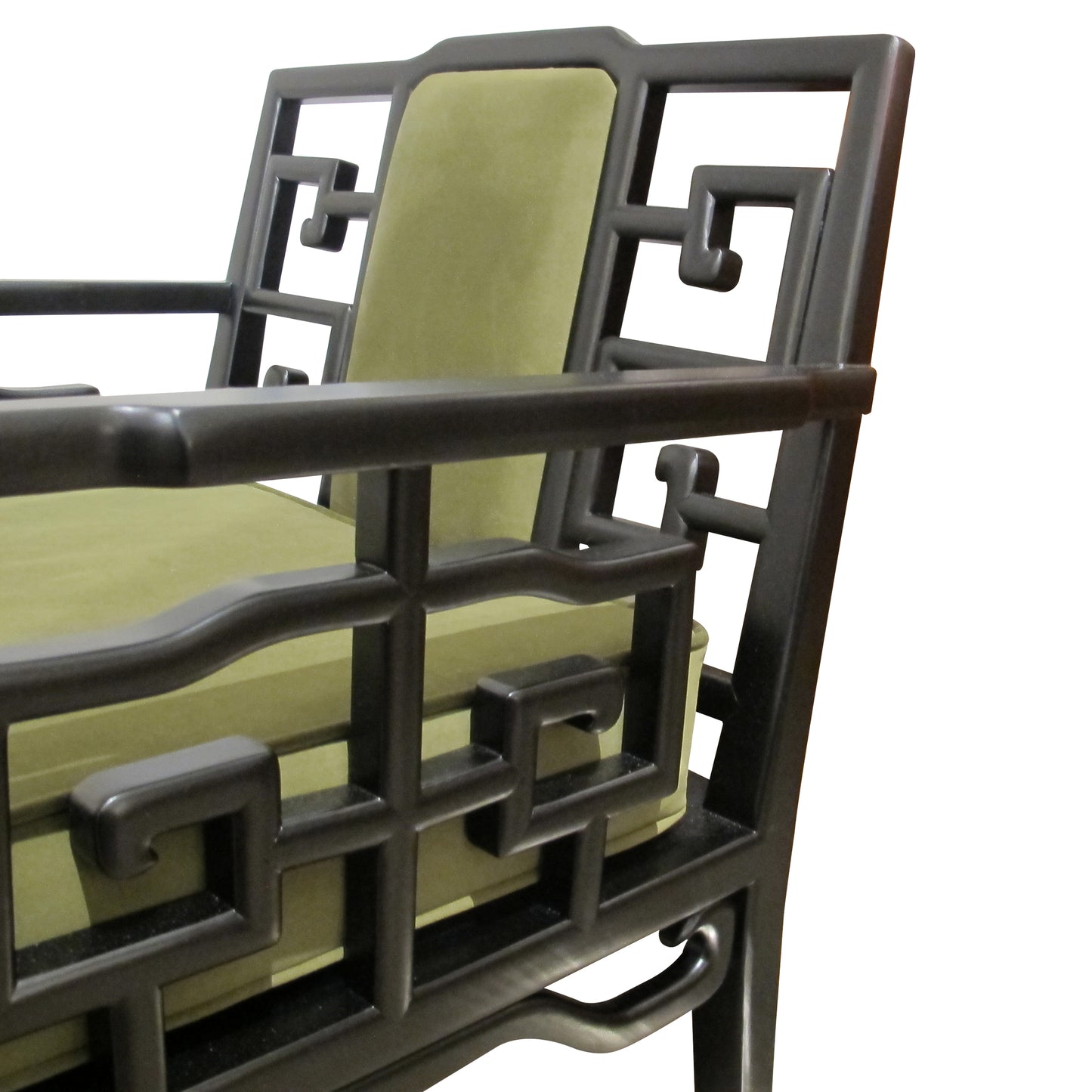Pair of Mid-Century Chinese Black Lacquer Armchairs with Geometric Fretwork