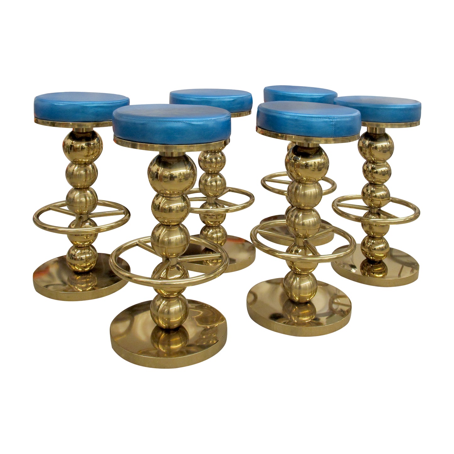 Set of 6 Vintage Brass Bar Stools with Blue Leather Seats, Italian 1970s–80s