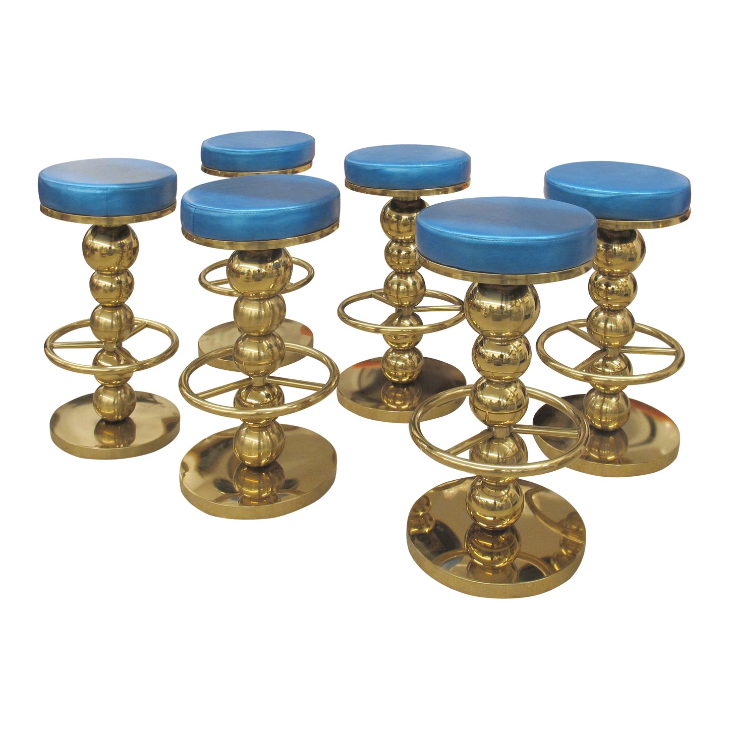 Set of 6 Vintage Brass Bar Stools with Blue Leather Seats, Italian 1970s–80s