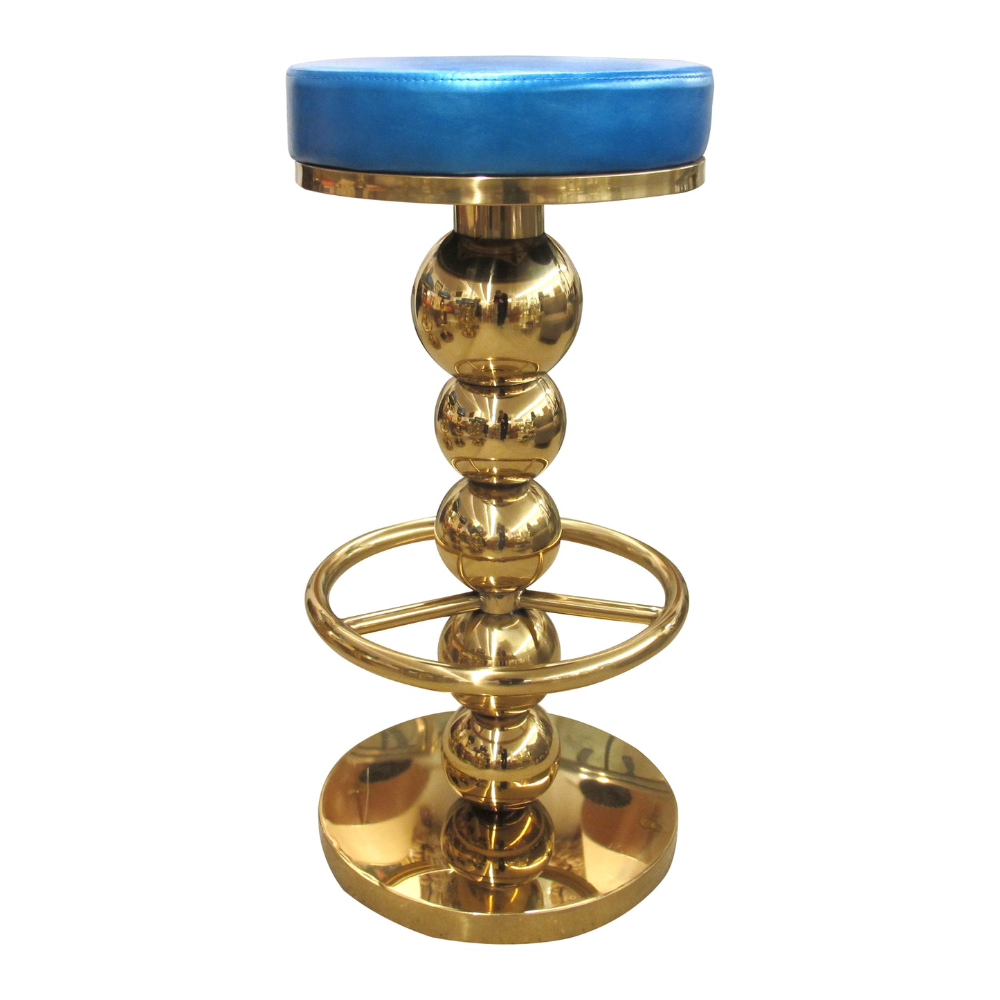 Set of 6 Vintage Brass Bar Stools with Blue Leather Seats, Italian 1970s–80s