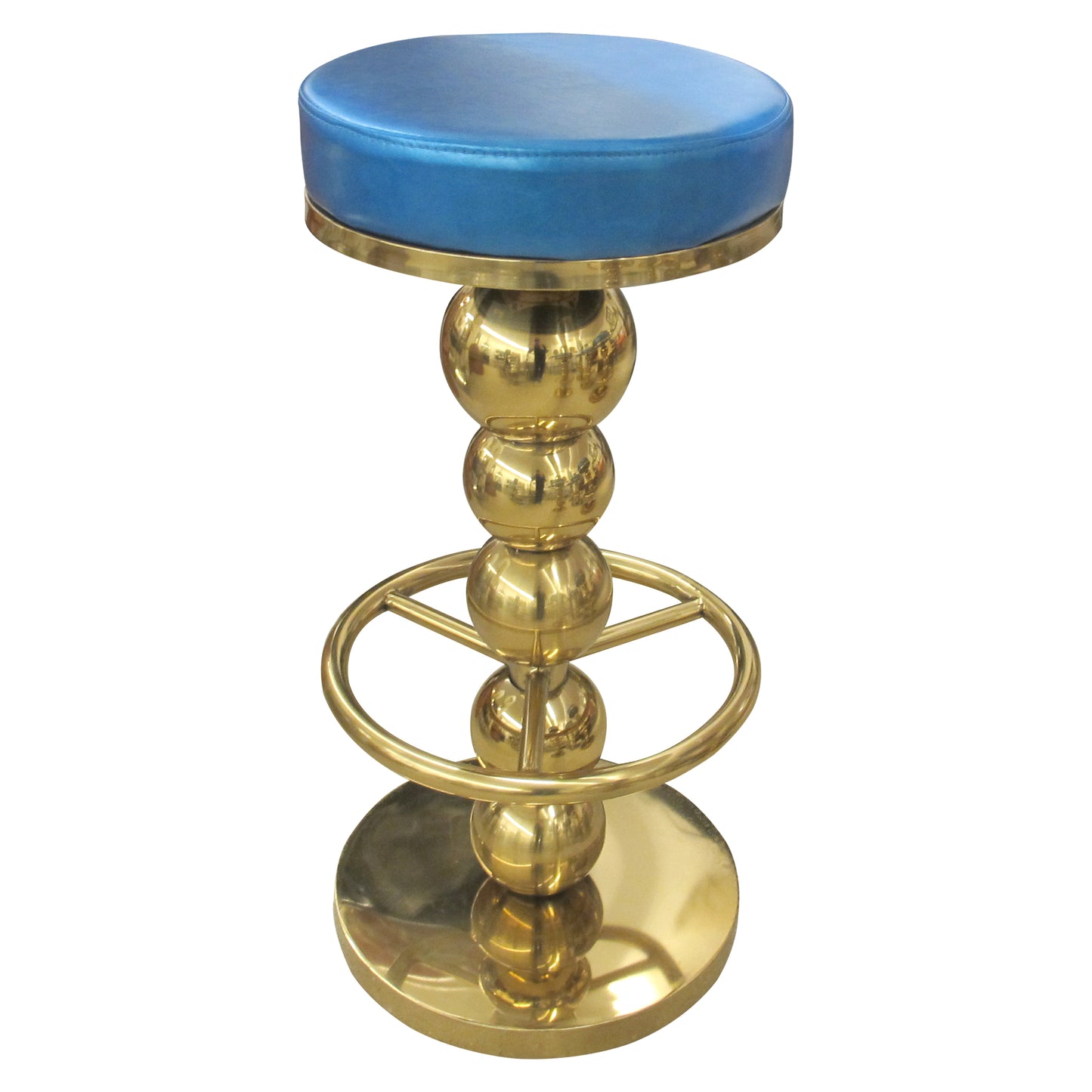 Set of 6 Vintage Brass Bar Stools with Blue Leather Seats, Italian 1970s–80s