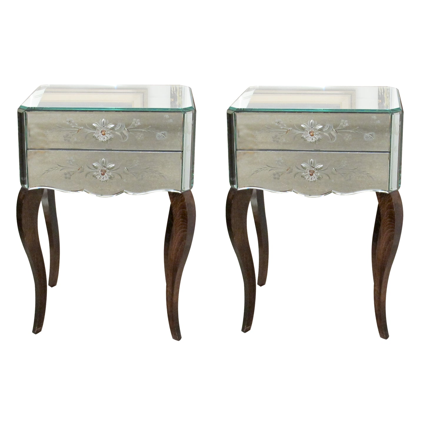 Pair of French Mirrored Bedside Tables with Floral Detail, Circa 1950s