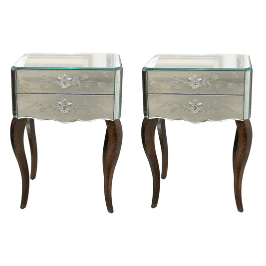 Pair of French Mirrored Bedside Tables with Floral Detail, Circa 1950s