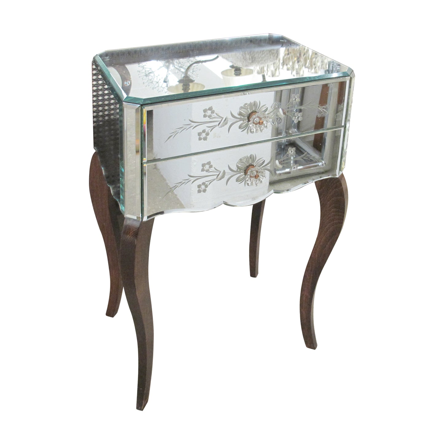 Pair of French Mirrored Bedside Tables with Floral Detail, Circa 1950s