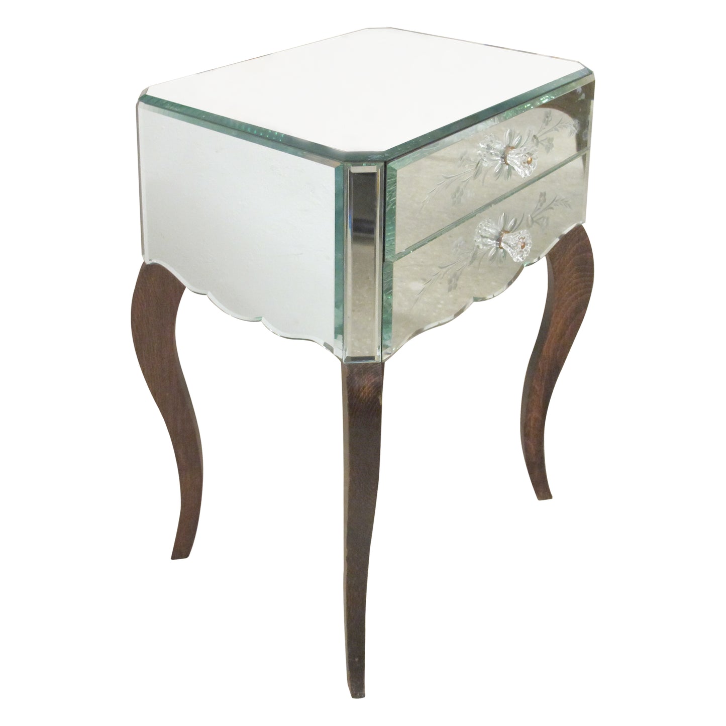 Pair of French Mirrored Bedside Tables with Floral Detail, Circa 1950s