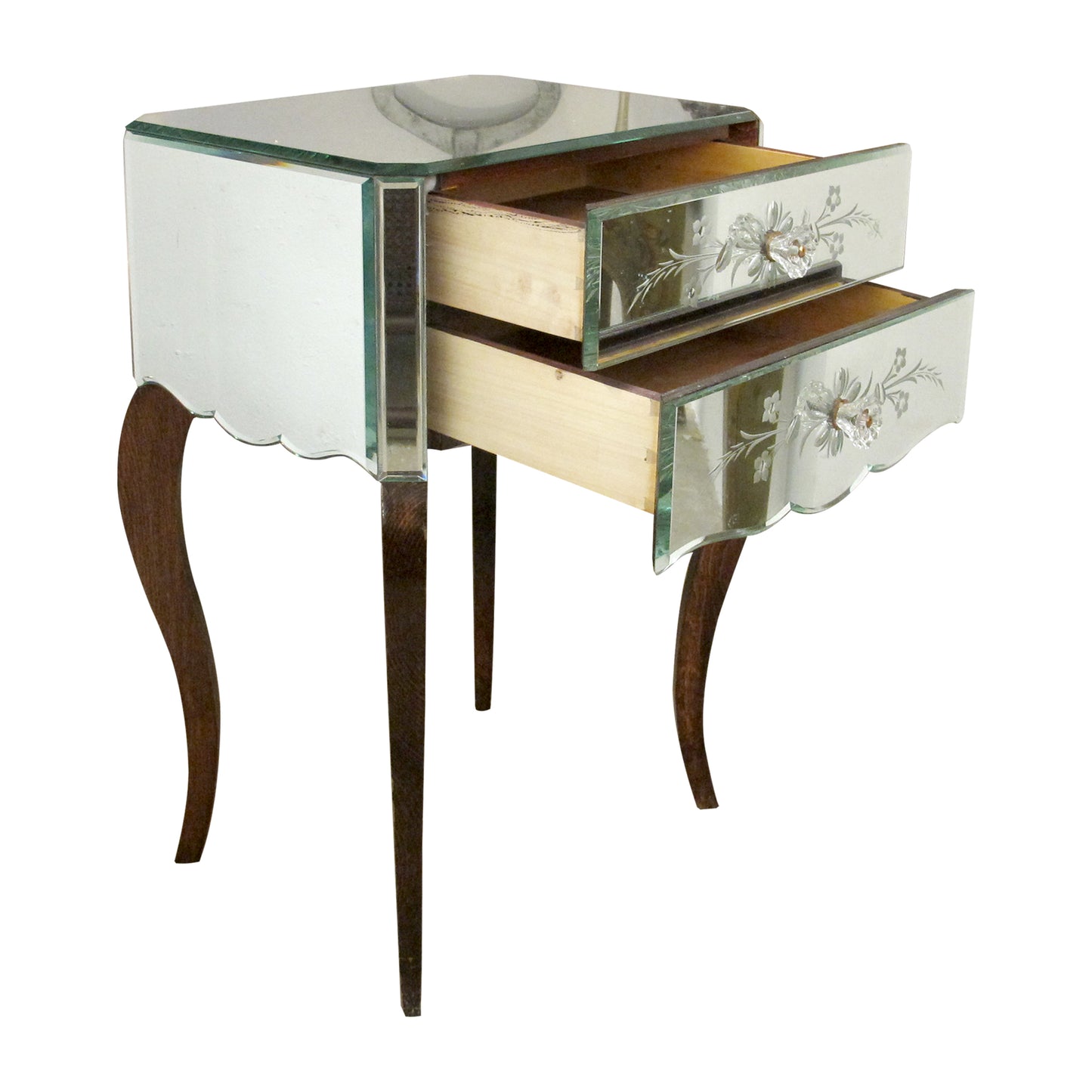 Pair of French Mirrored Bedside Tables with Floral Detail, Circa 1950s