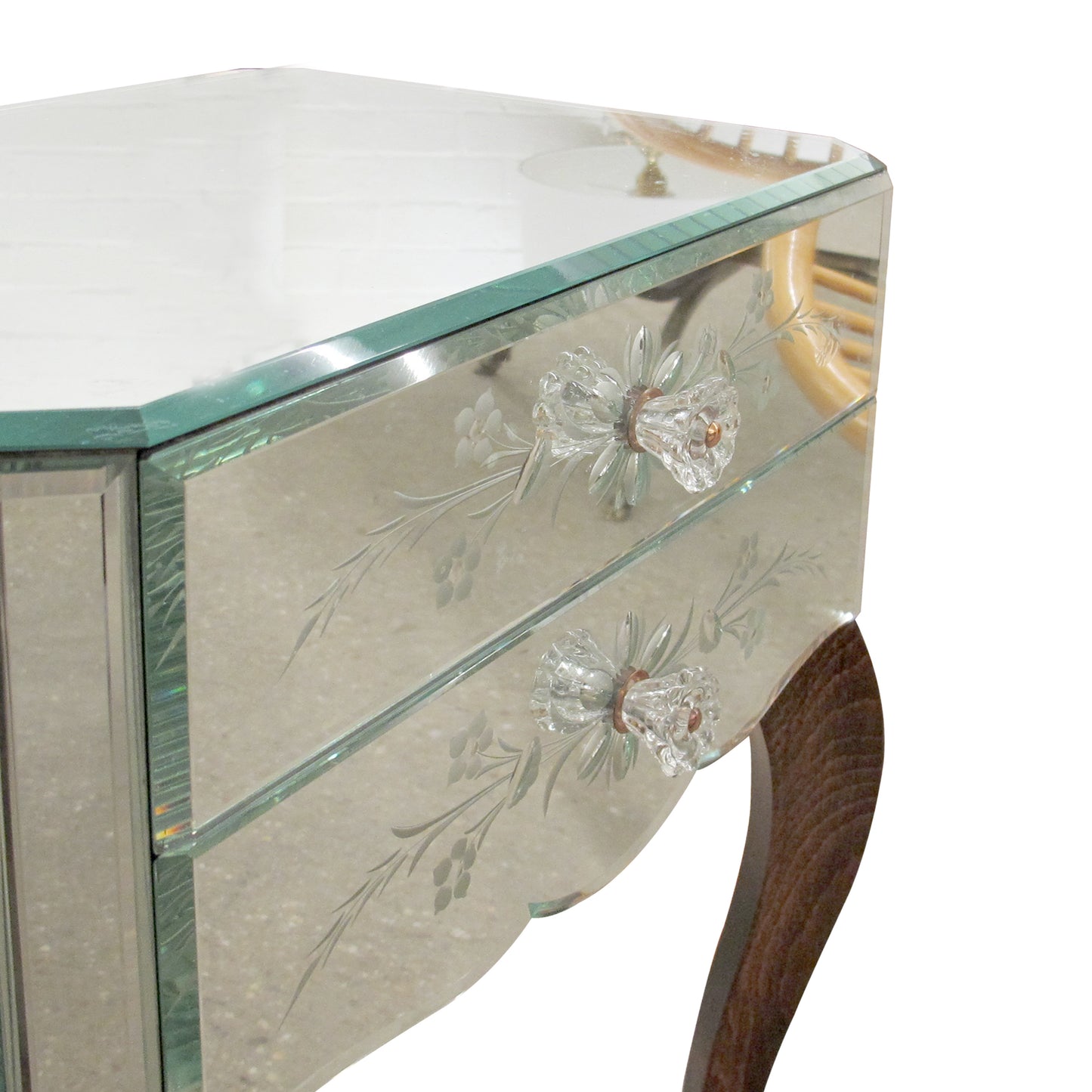 Pair of French Mirrored Bedside Tables with Floral Detail, Circa 1950s