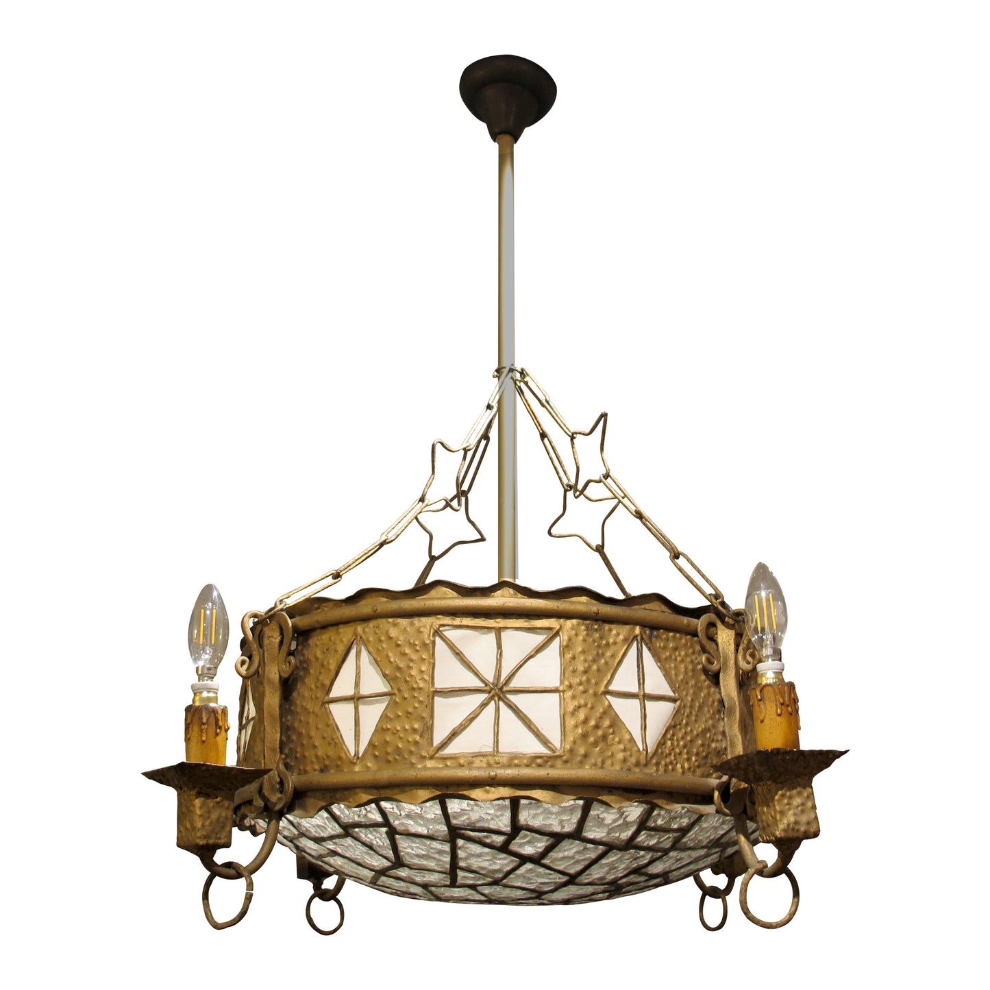 French Art Nouveau Hammered Brass Chandelier with Textured Glass Shade