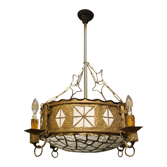 French Art Nouveau Hammered Brass Chandelier with Textured Glass Shade