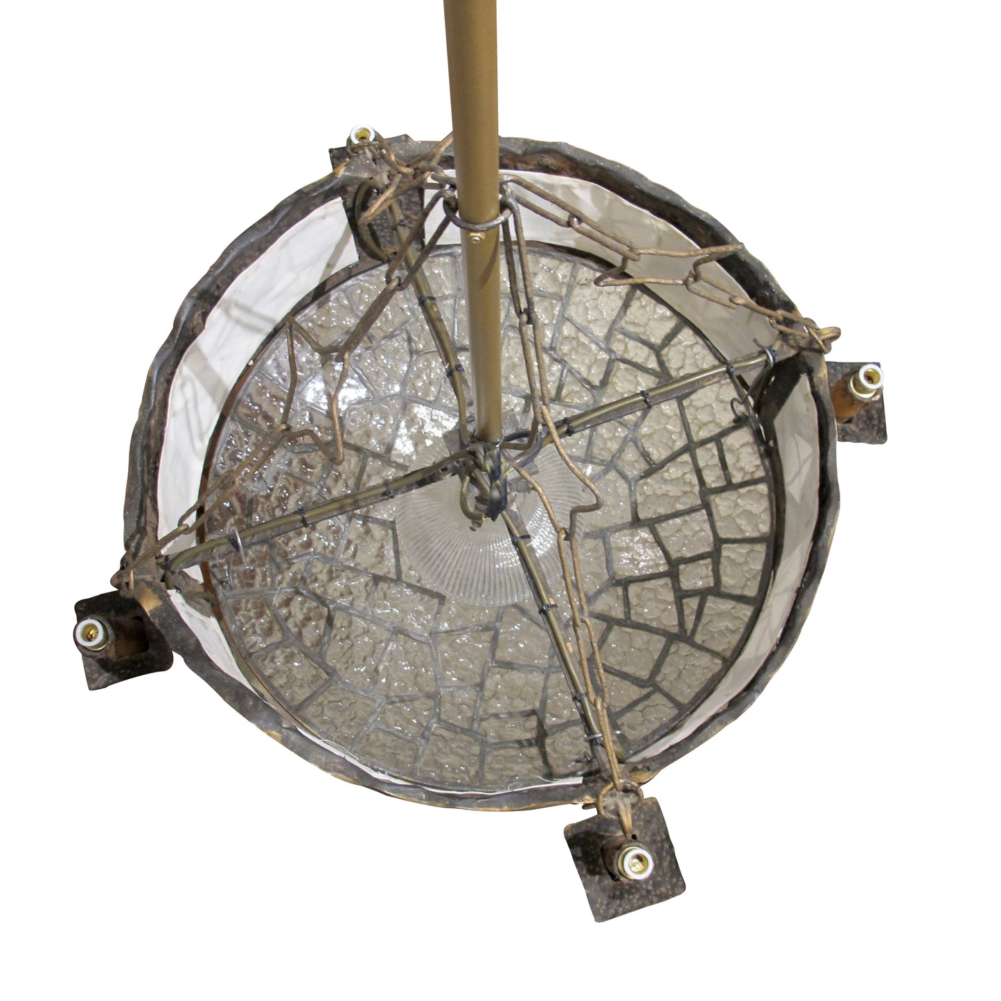 French Art Nouveau Hammered Brass Chandelier with Textured Glass Shade