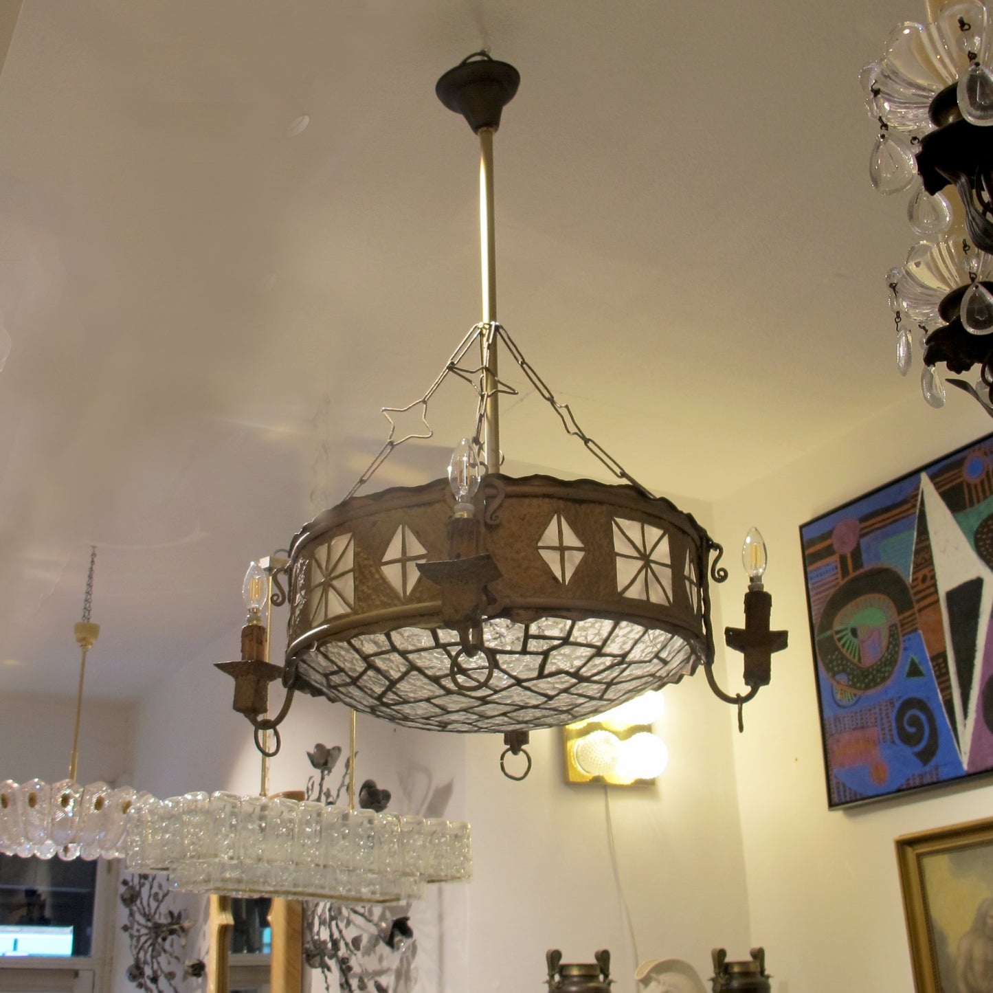 French Art Nouveau Hammered Brass Chandelier with Textured Glass Shade