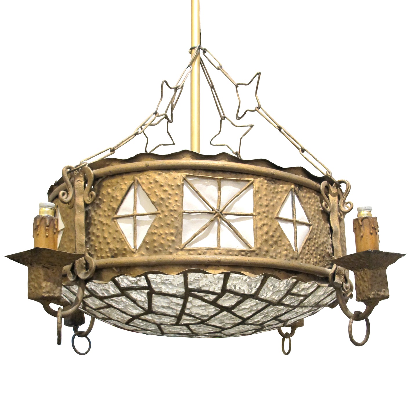 French Art Nouveau Hammered Brass Chandelier with Textured Glass Shade