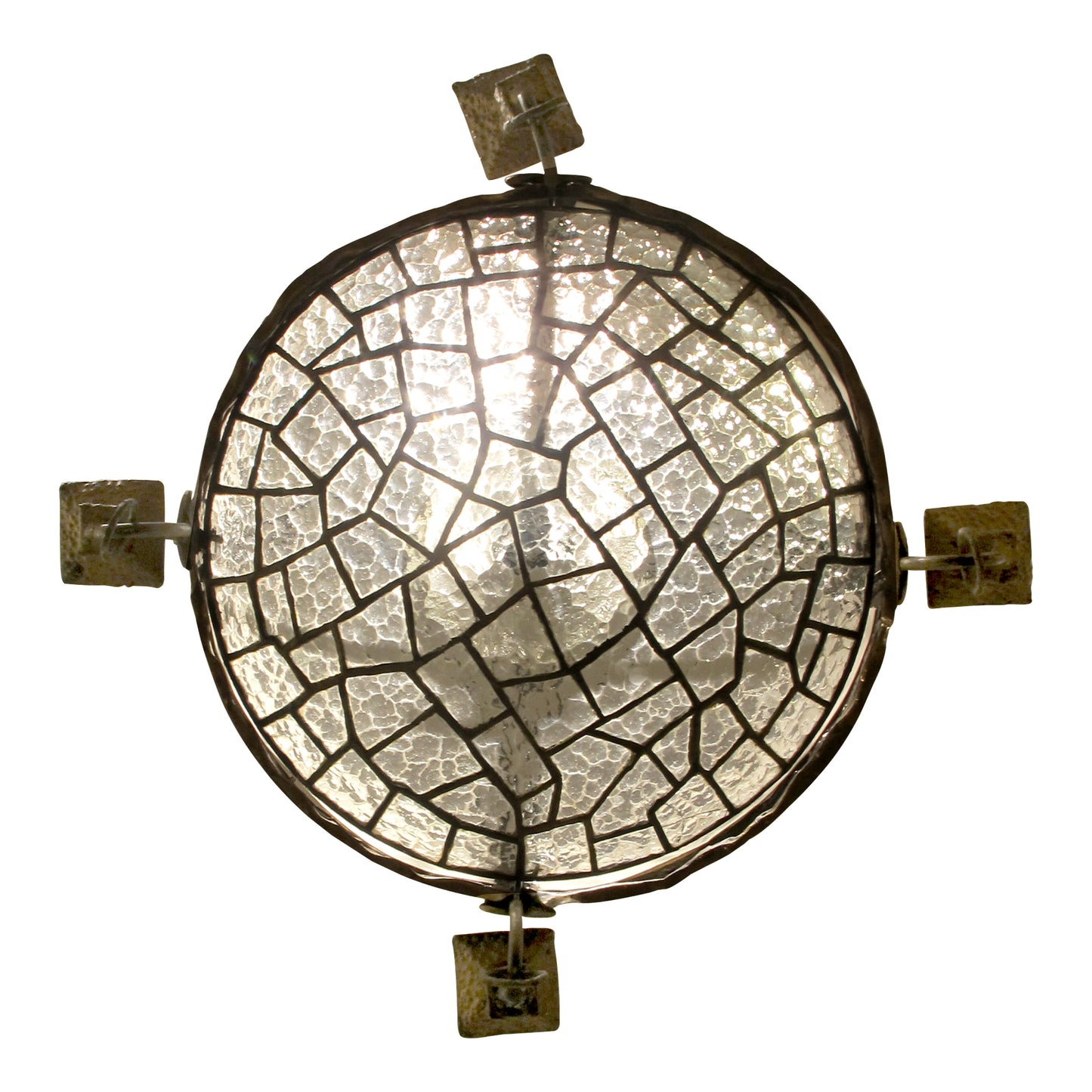 French Art Nouveau Hammered Brass Chandelier with Textured Glass Shade