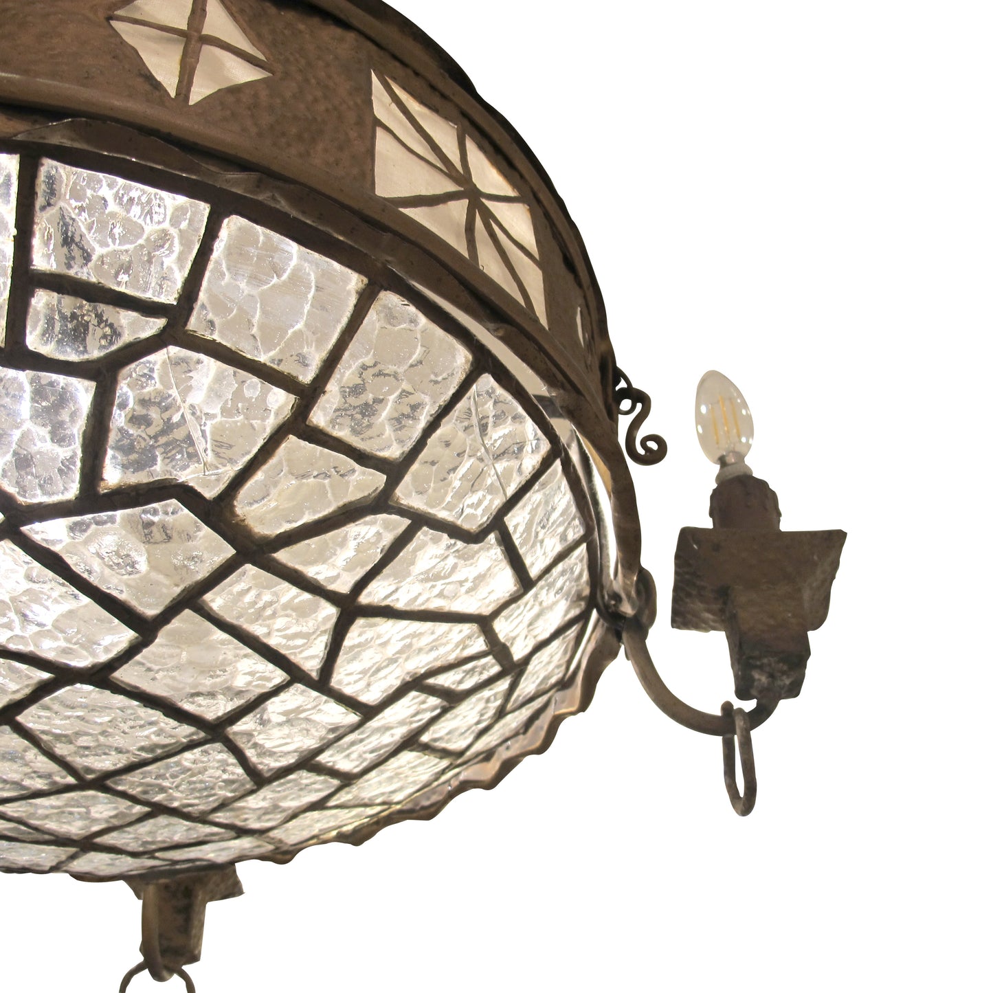 French Art Nouveau Hammered Brass Chandelier with Textured Glass Shade