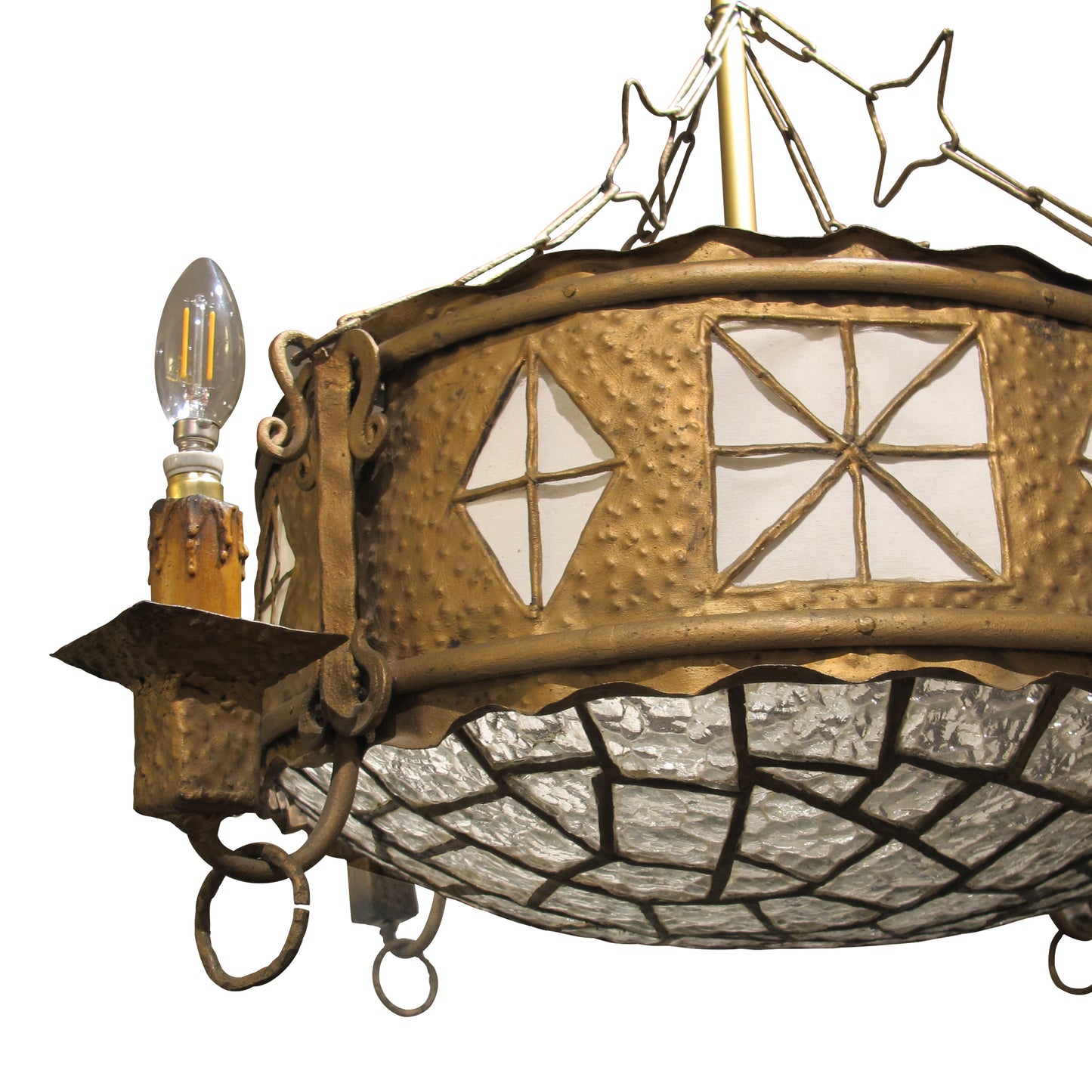French Art Nouveau Hammered Brass Chandelier with Textured Glass Shade