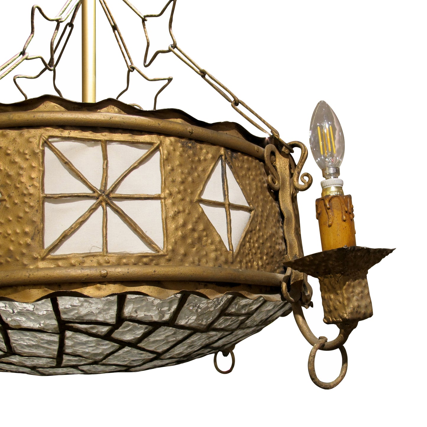 French Art Nouveau Hammered Brass Chandelier with Textured Glass Shade