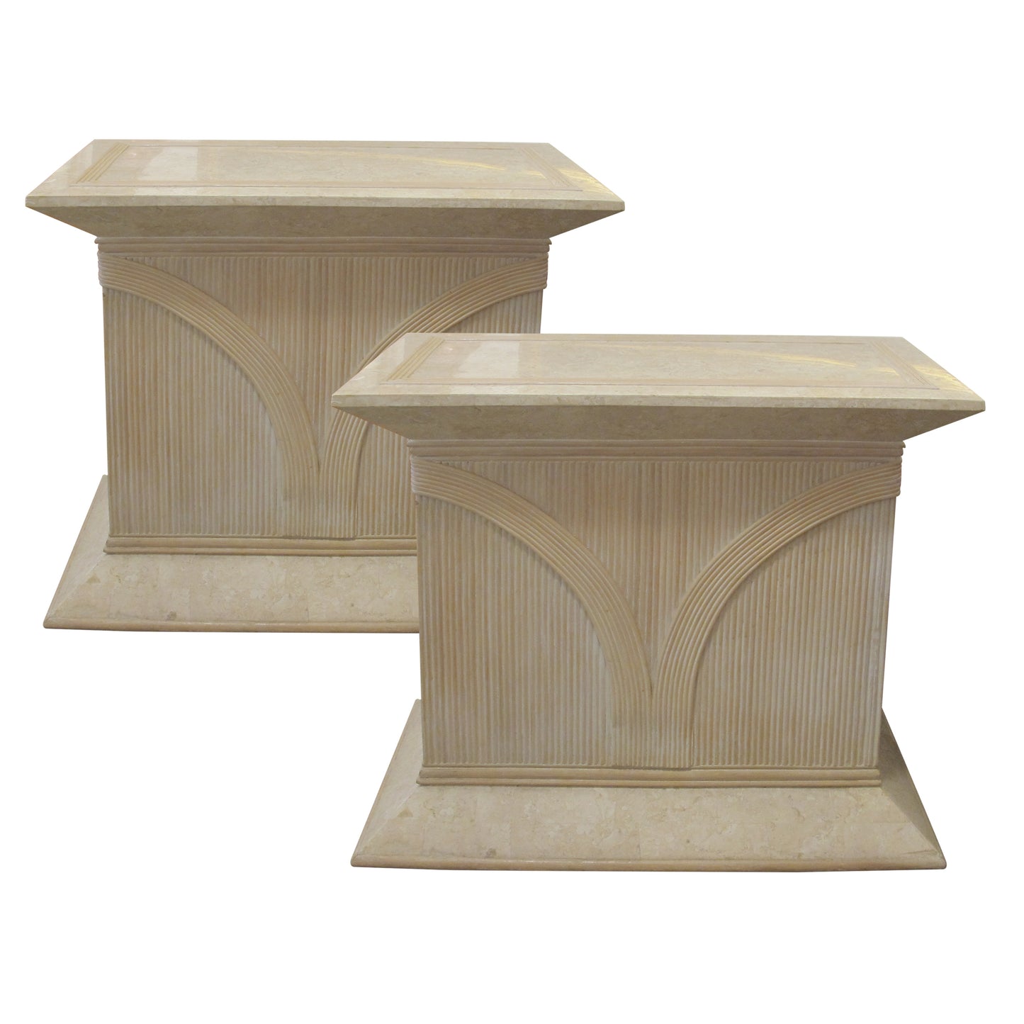 Pair of 1970s/80s Italian Rattan & Tessellated Travertine Pedestals