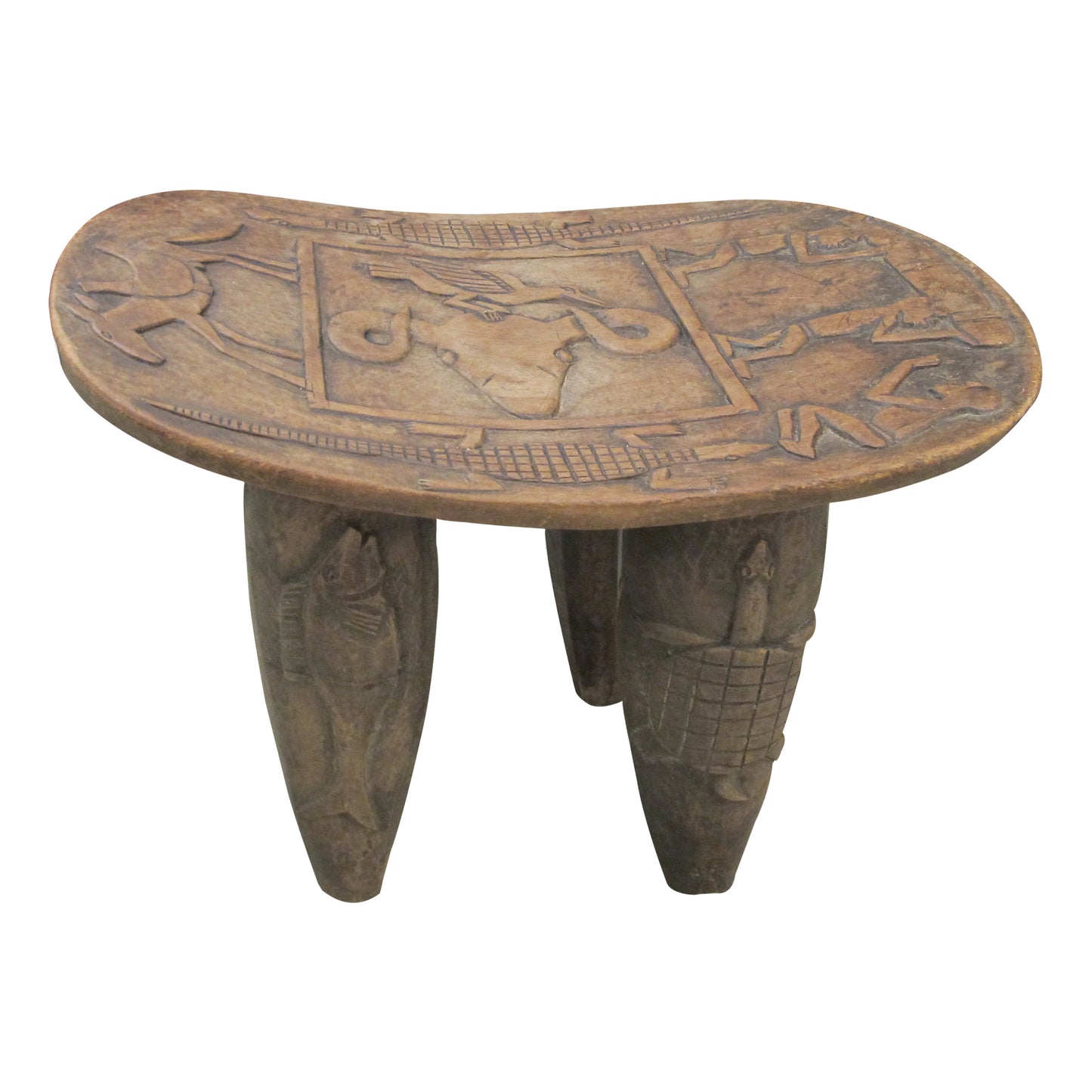 Vintage Hand-Carved Wooden Stool, Folk Art, African Design, 1950s
