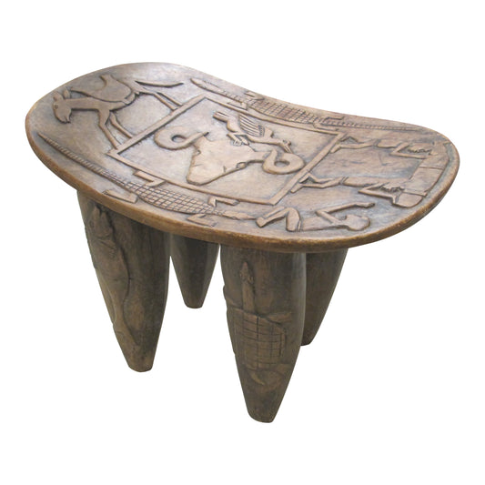 Vintage Hand-Carved Wooden Stool, Folk Art, African Design, 1950s