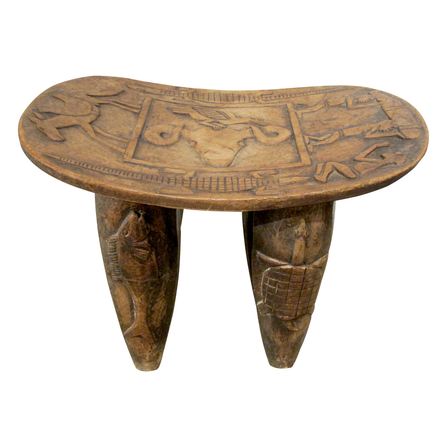 Vintage Hand-Carved Wooden Stool, Folk Art, African Design, 1950s