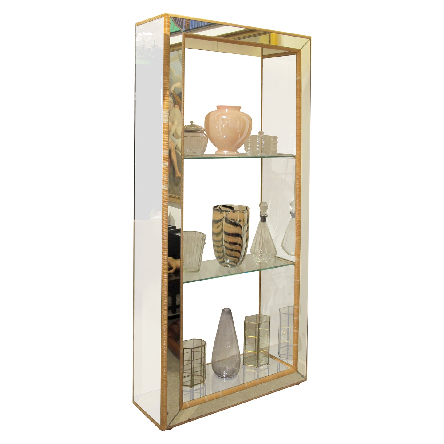 1960s Mirrored Shelving Unit with Rattan Frame, French