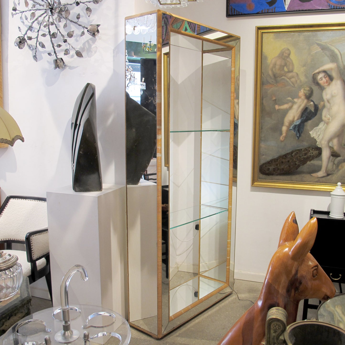 1960s Mirrored Shelving Unit with Rattan Frame, French