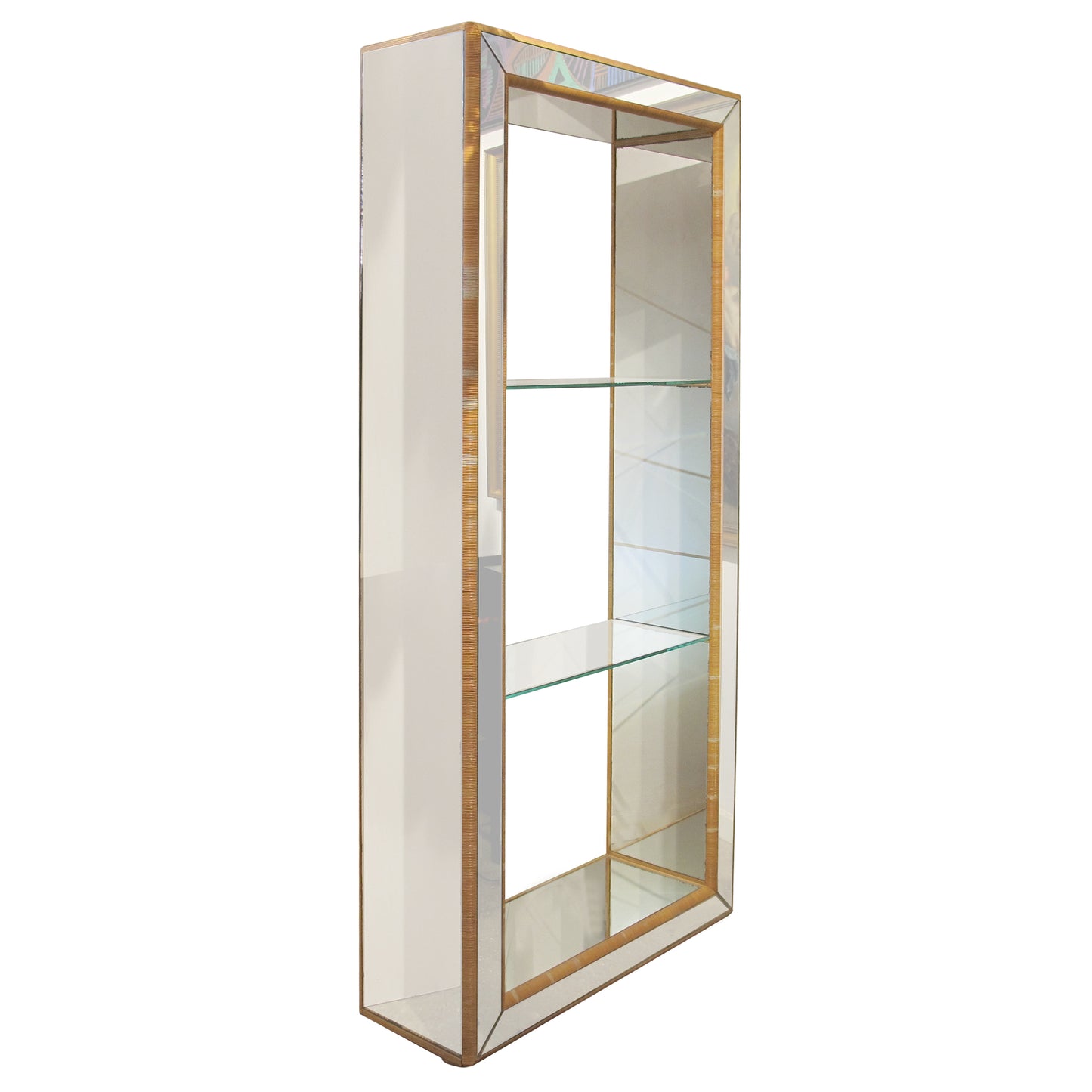 1960s Mirrored Shelving Unit with Rattan Frame, French