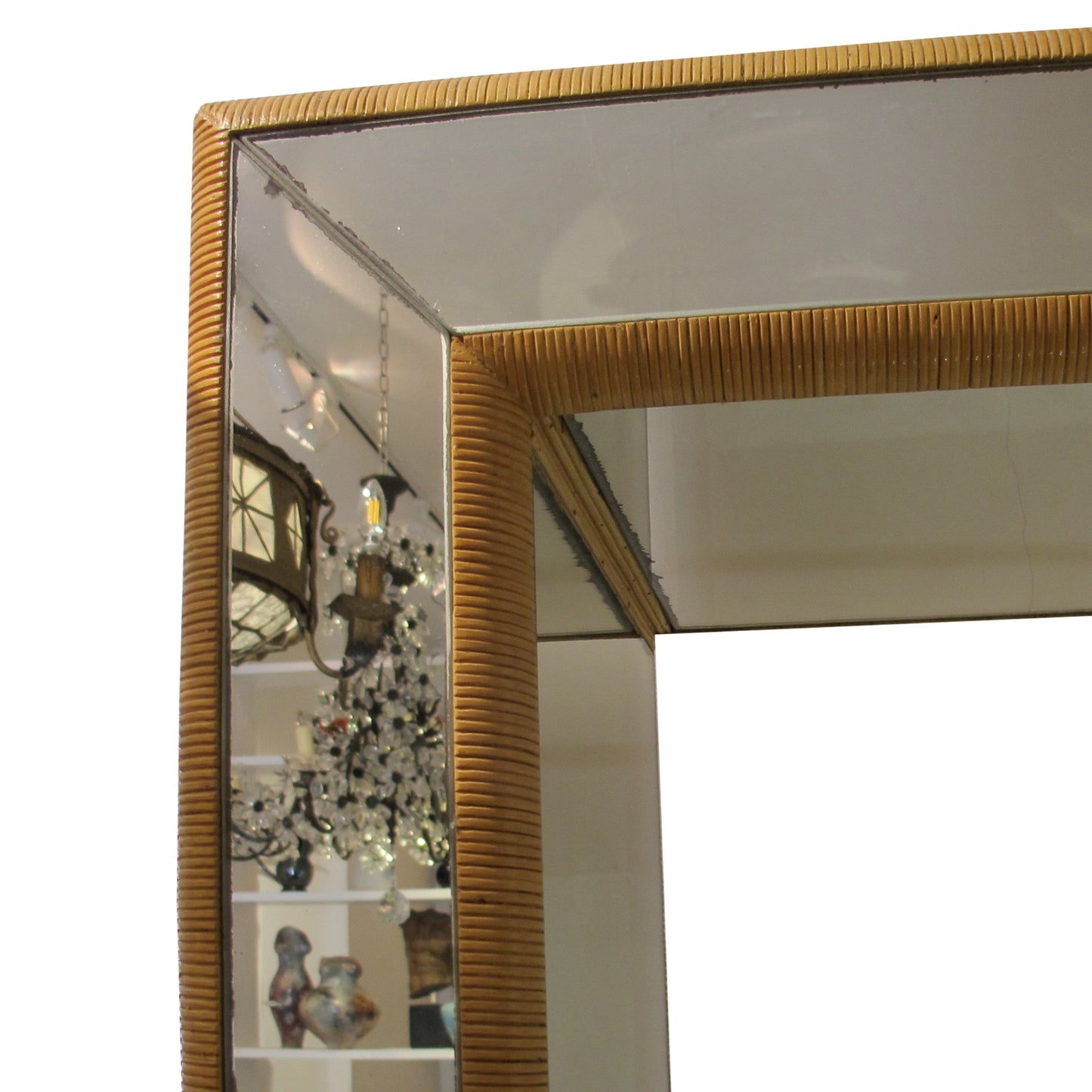 1960s Mirrored Shelving Unit with Rattan Frame, French