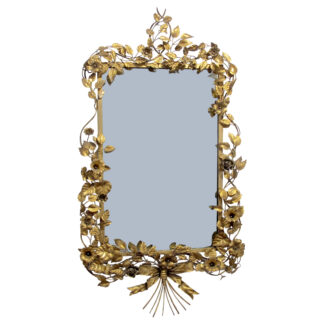 1950s French Highly Decorative Gilt Metal Toleware Floral Wall Mirror