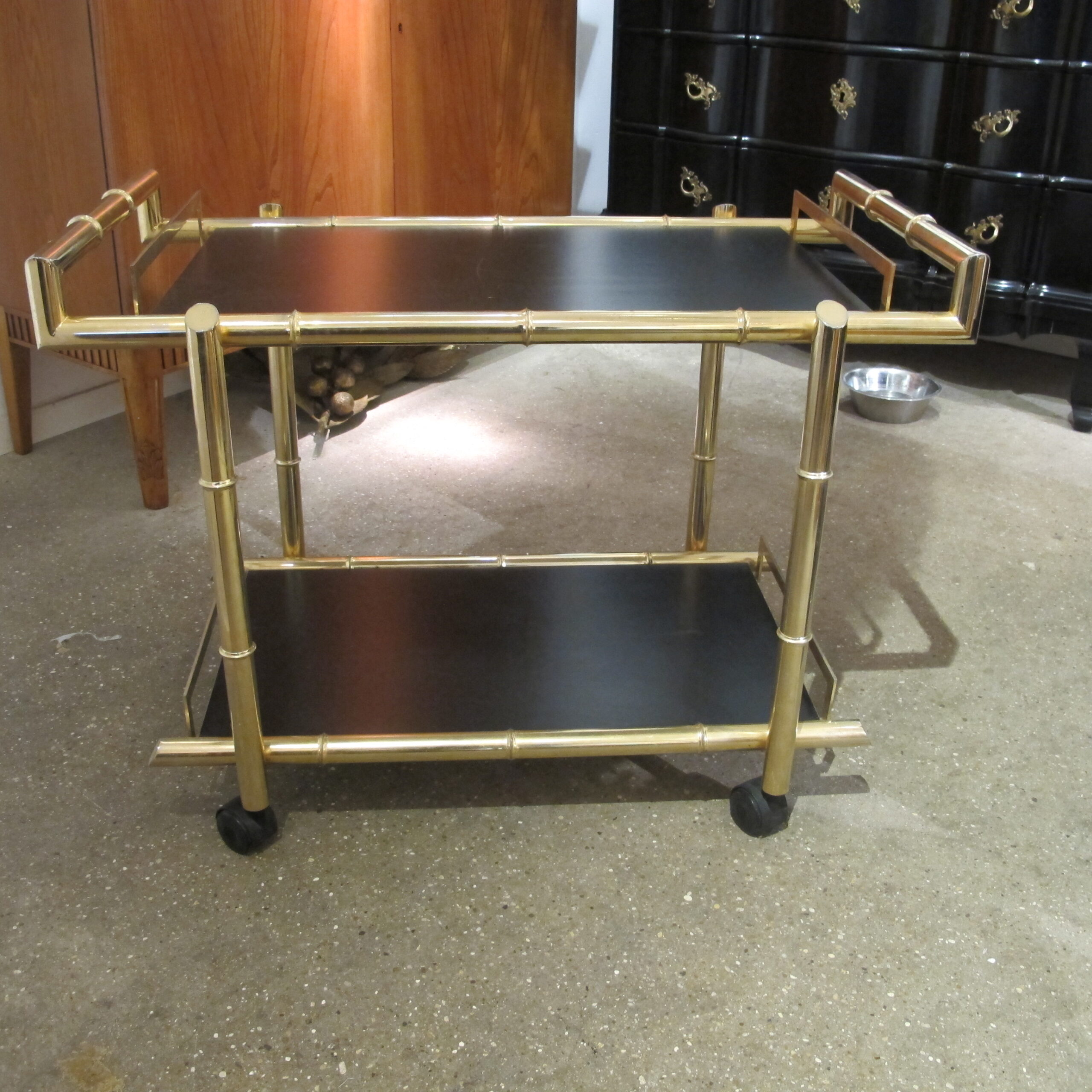 SOLD-Mid Century Modern two tier brass bamboo motif bar cart with