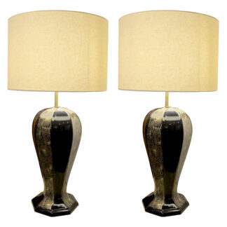 1940s Large Pair of Black and Gold Ceramic Table lamps, Italian