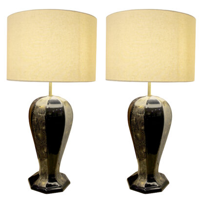 1940s Large Pair of Black and Gold Ceramic Table lamps, Italian